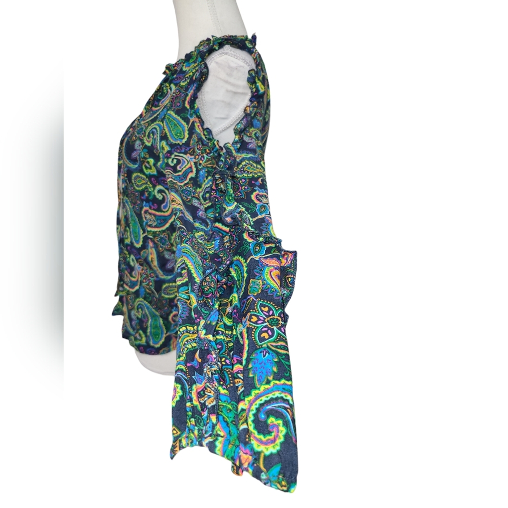 WILLOW DRIVE SHIRT WOMENS OVERSIZED XS GREEN PAISLEY COLD SHOULDER BLOUSE TOP - Picture 4 of 12